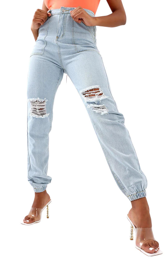 Ladies Blue Denim Ripped Jeans