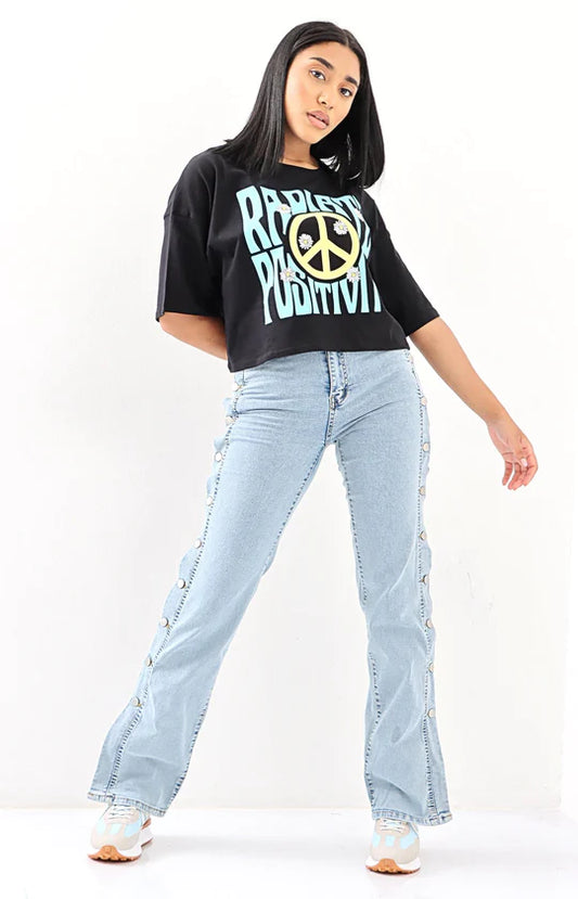 Ladies Black Printed Tee