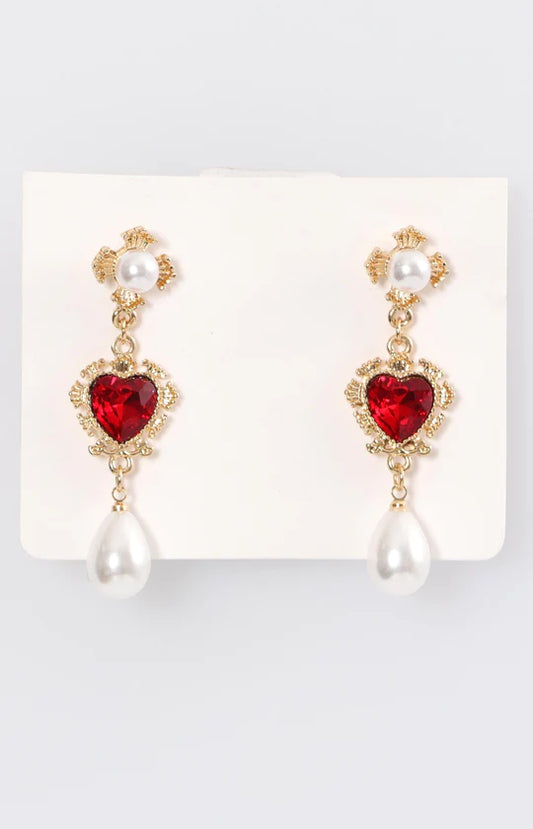 Ladies Red & White Heart Earrings